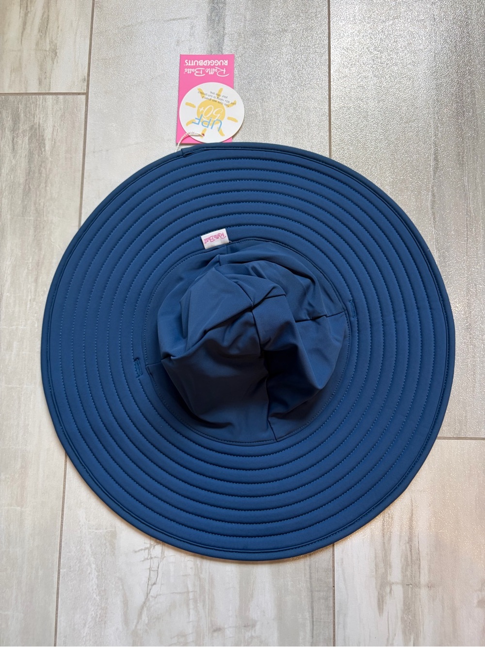 NWT RuffleButts Navy Wide Brim Sun & Swim Hat with Chin Tie, Girls 6-10 years